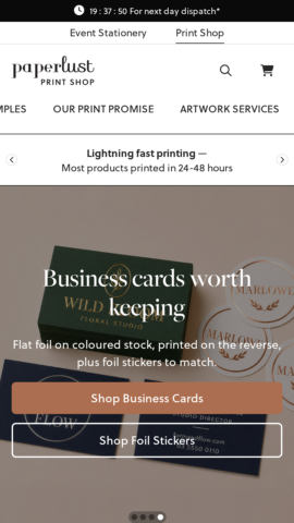 Paperlust Print Shop homepage, mobile